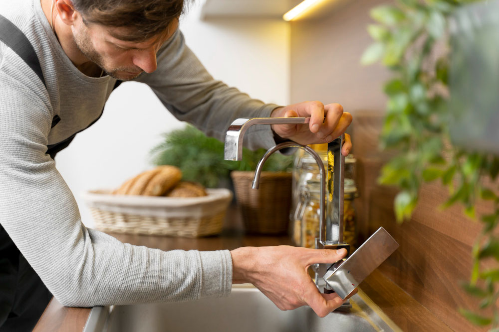 man checks faulty tap