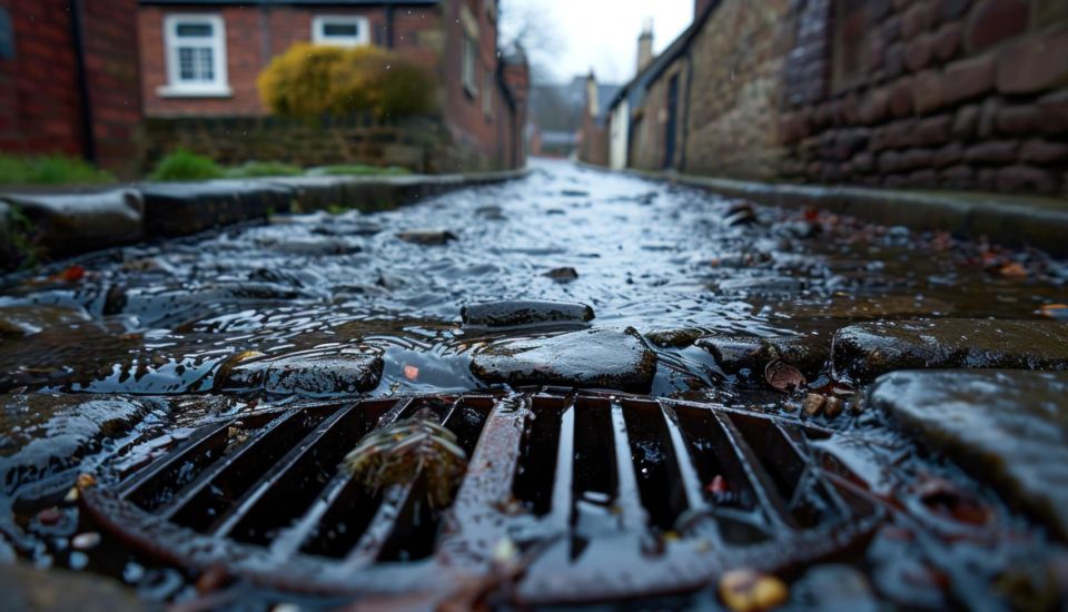 A street drain with water flowing down into it, surrounded by pavement and urban scenery.