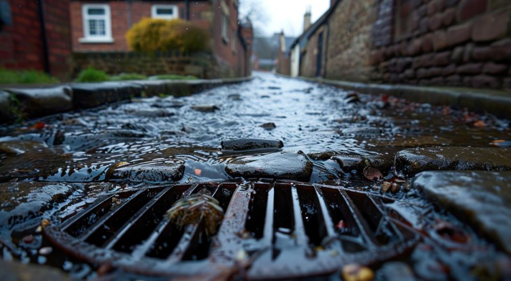 A street drain with water flowing down into it, surrounded by pavement and urban scenery.