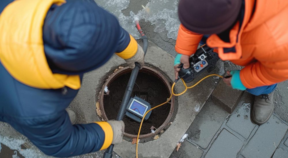 Plumbers check drain with cctv